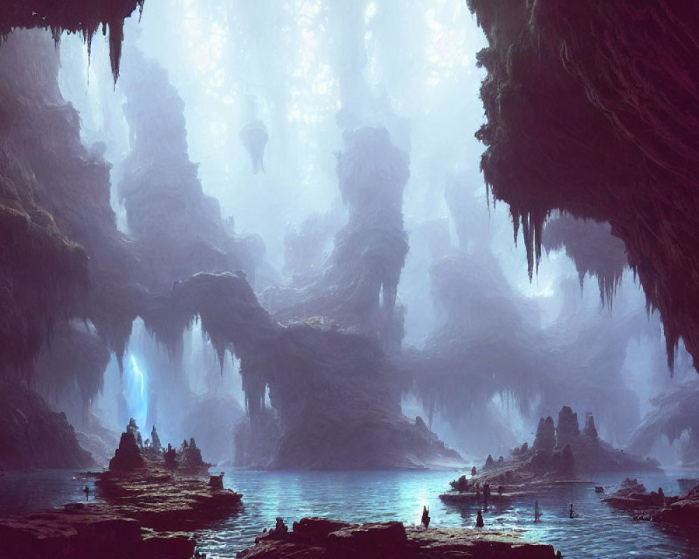 Majestic cave with towering columns and blue light, water reflections, shadowy figures in boats