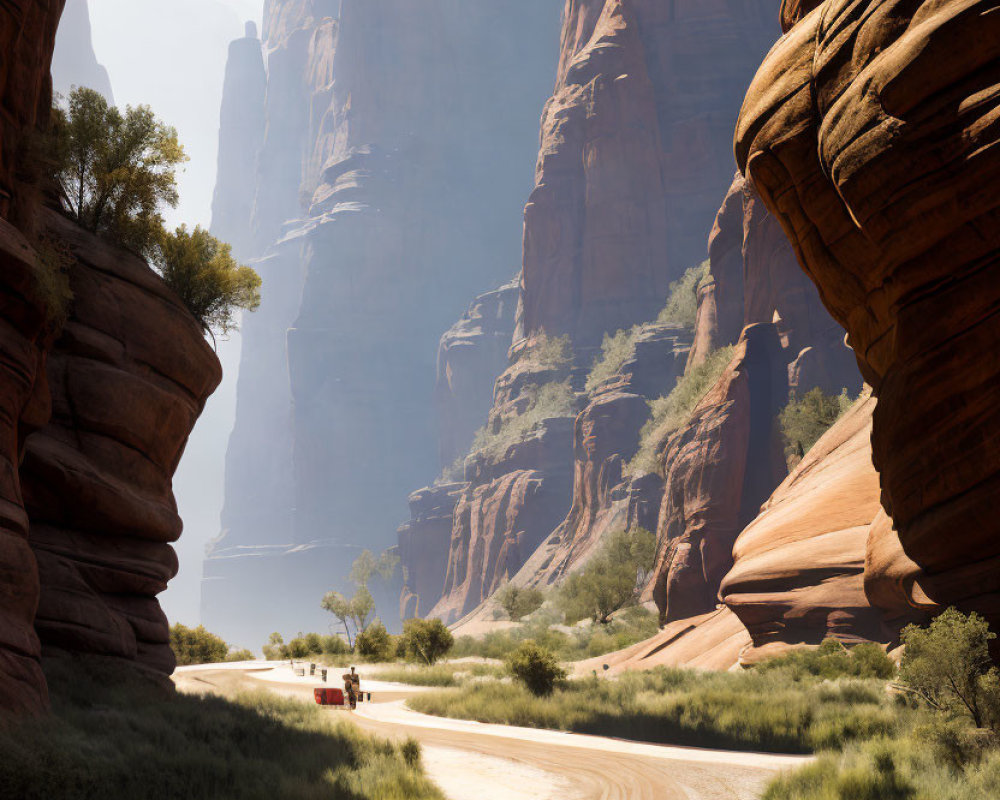 Desert landscape with red sandstone cliffs and winding dirt road