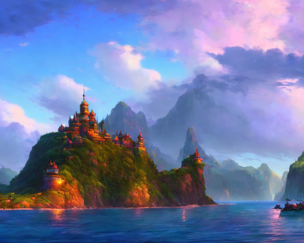 Majestic castle on lush green cliff by tranquil sea at sunrise or sunset