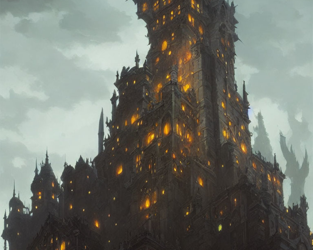 Eerie Gothic castle under gloomy sky with glowing windows