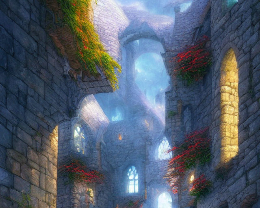 Medieval alley with stone buildings, ivy, and warm light filtering down.