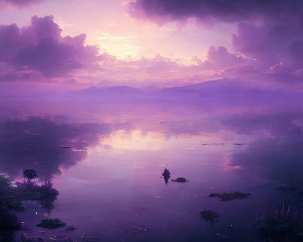 Tranquil lakescape at dusk: purple hues, reflecting clouds, mountain range, solitary boat.