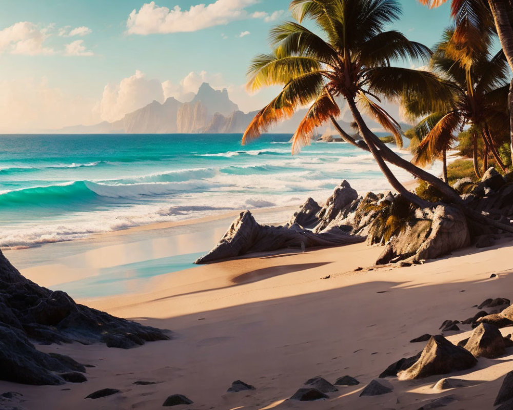 Tranquil Beach Scene with Palm Trees and Turquoise Waves