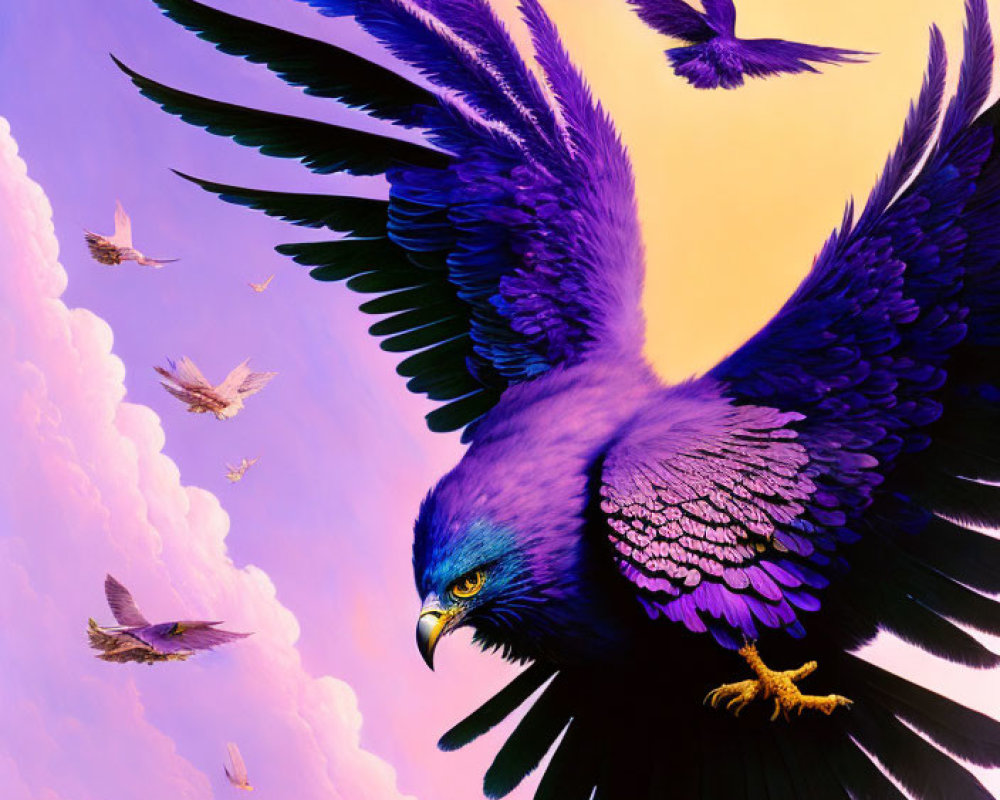 Purple eagle soaring with outstretched wings in sunset sky