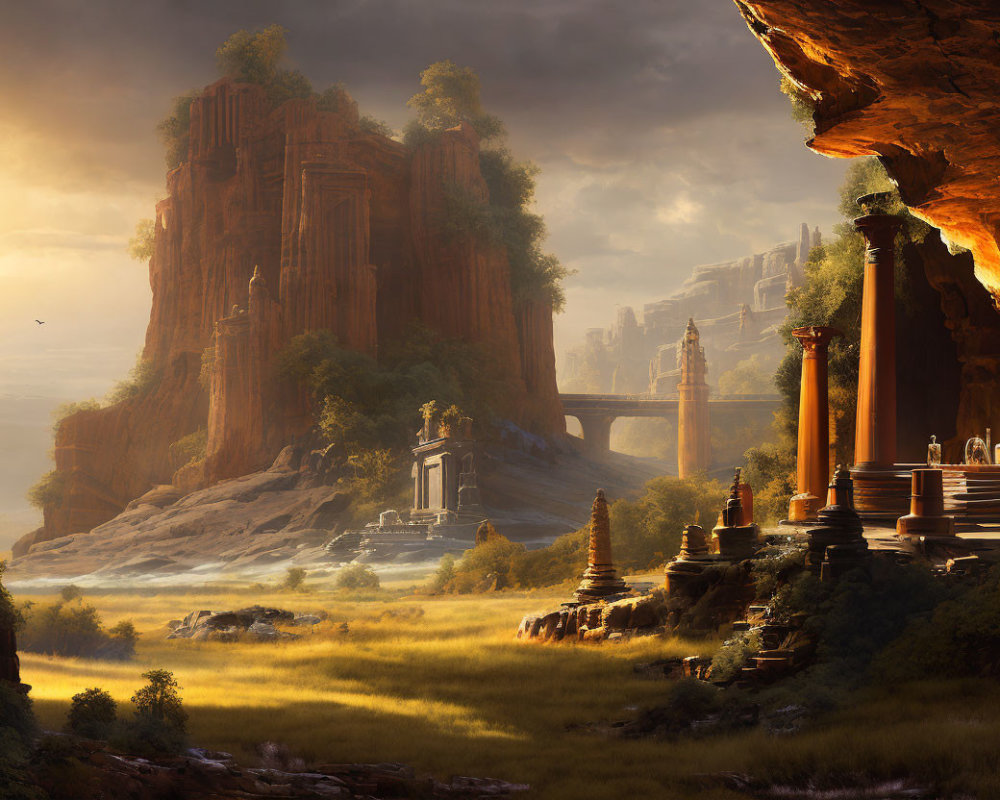 Mystical landscape featuring red cliffs, ancient bridge, sunlit grasslands, distant waterfalls,