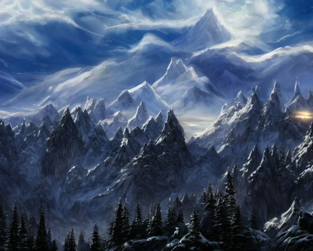 Snow-covered peaks and lone cabin in majestic mountain range