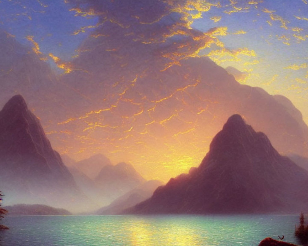 Tranquil landscape with misty mountains, serene lake, and radiant sunrise