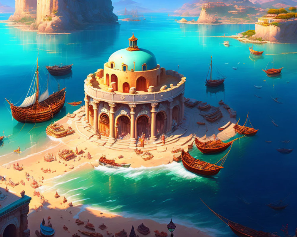 Illustrated coastal scene with domed structure, sandy beach, azure waters, cliffs, and wooden ships