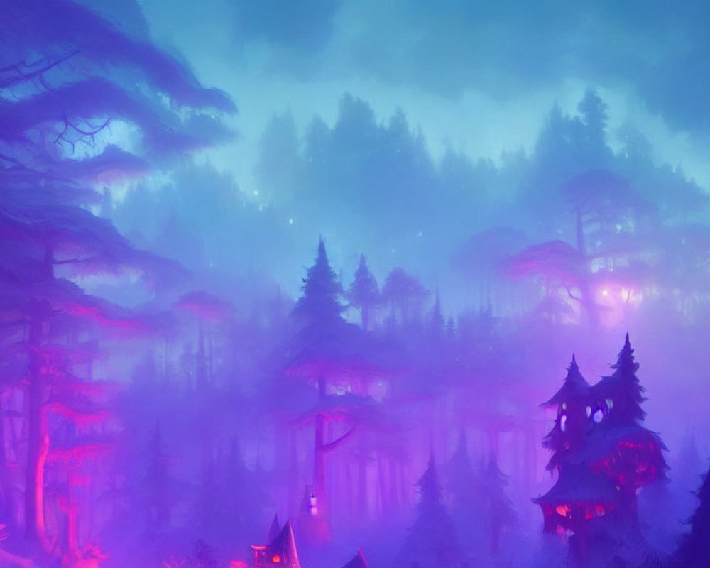 Mystical forest with neon pink and purple hues and glowing house-like structures