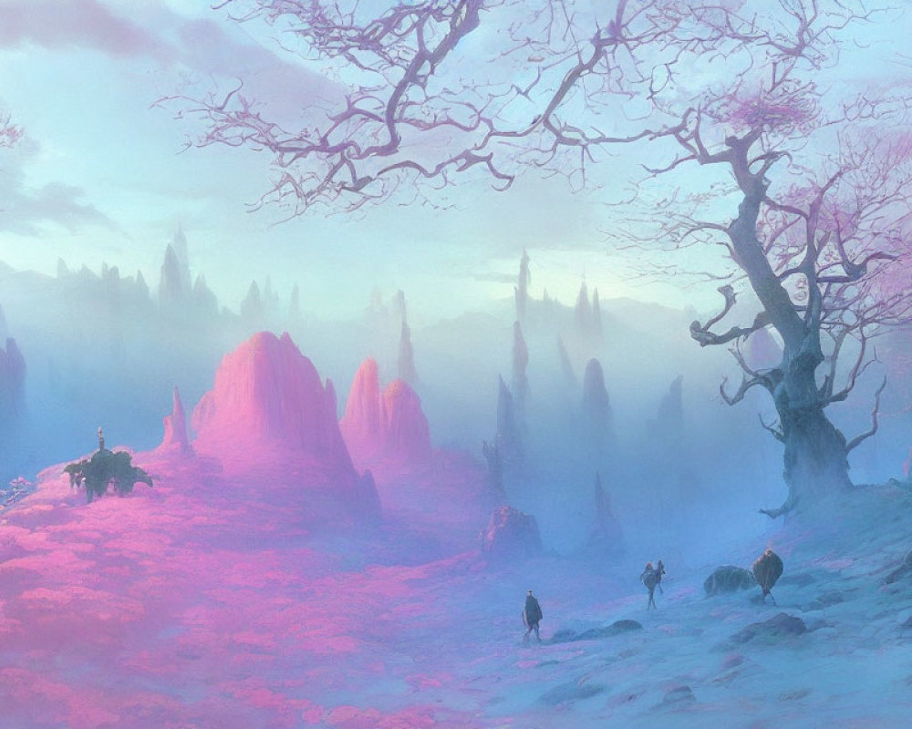 Vibrant purple and pink fantasy landscape with travelers and creatures in dreamlike terrain