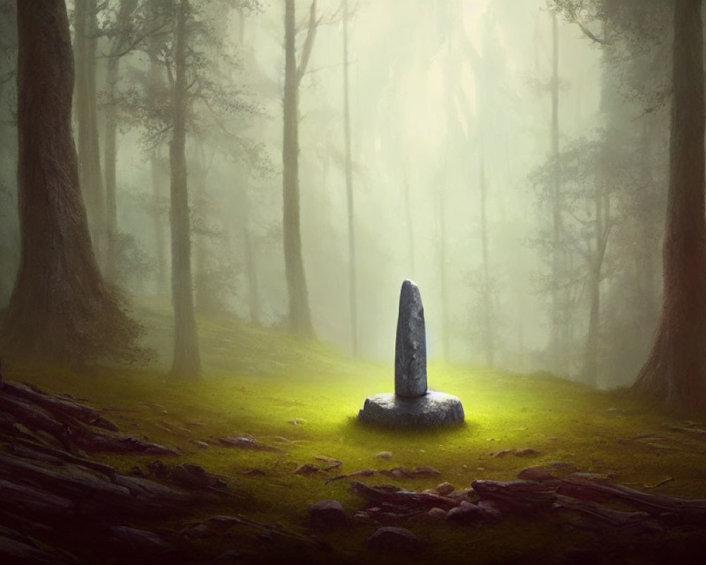 Mystical forest with fog and ancient stone monolith in sunlight