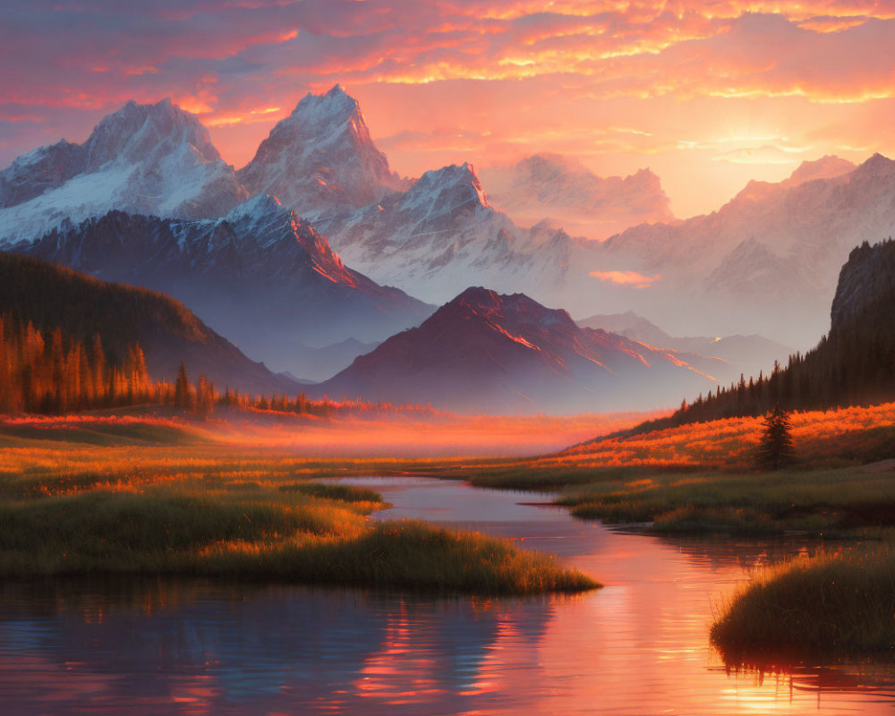 Scenic sunset with river, autumn forest, and snow-capped mountains