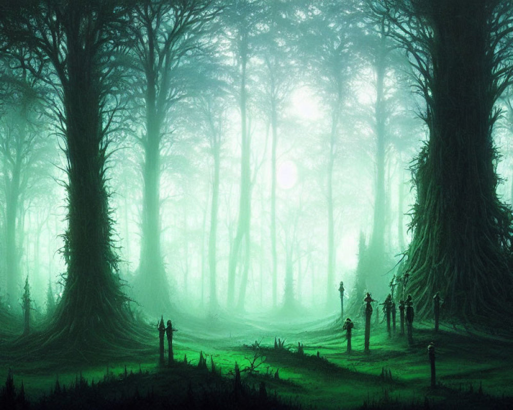 Misty green forest with towering trees and silhouettes of people