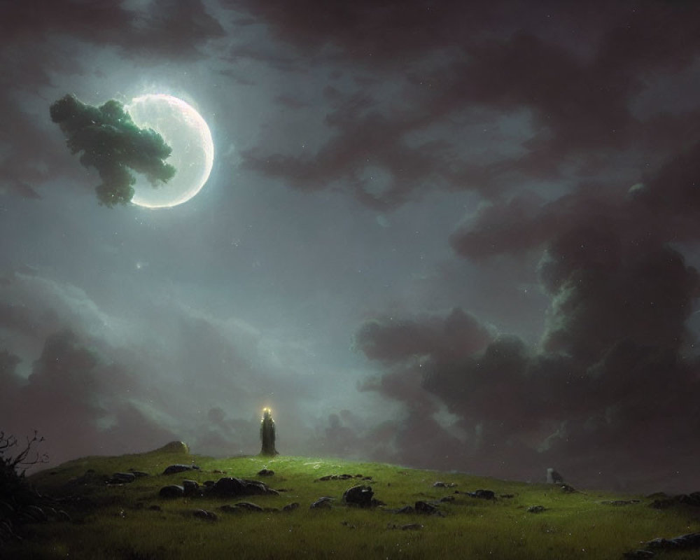 Person standing on grassy hillock under crescent moon in cloudy night sky