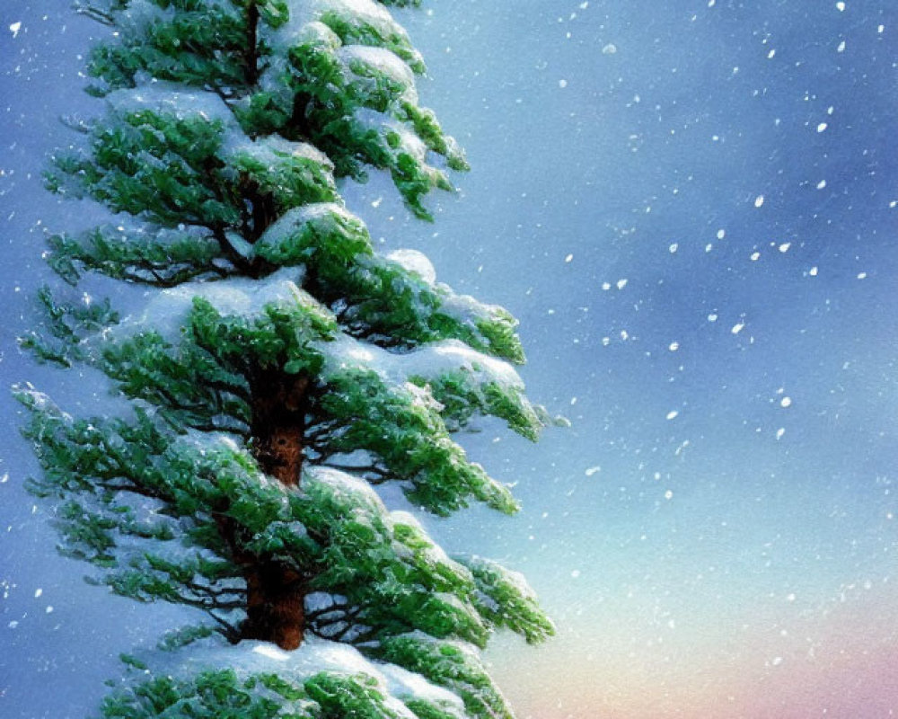 Snow-covered pine tree in serene winter scene with falling snowflakes.