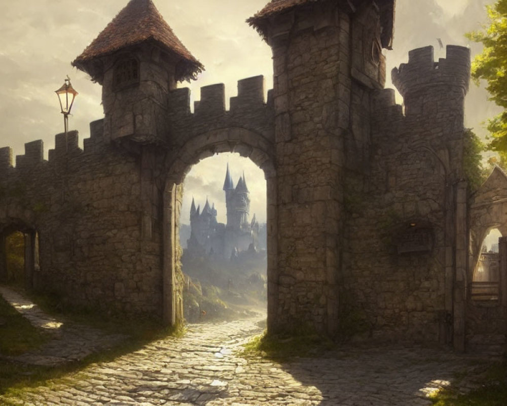 Stone gateway and towers leading to distant castle in serene landscape