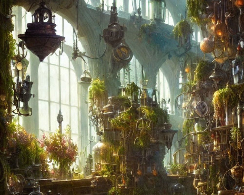 Sunlit indoor garden with hanging plants, terrariums, and antique equipment