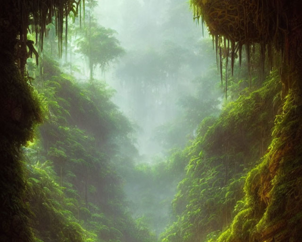 Ethereal jungle scene with ancient ruins and soft sunlight.