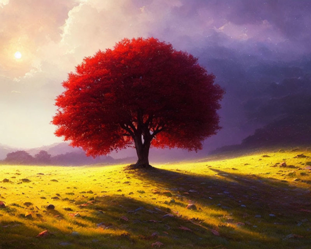 Vibrant red tree in sunlit meadow with yellow flowers under dramatic sky