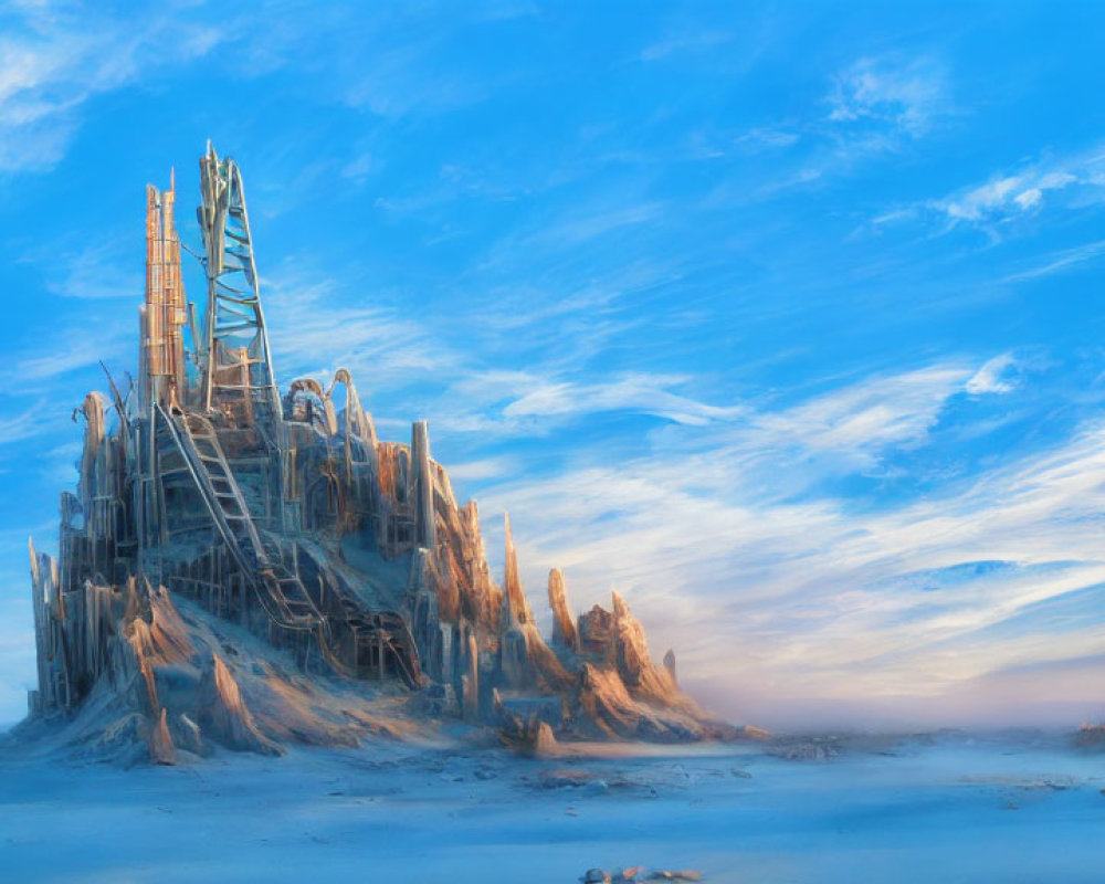 Fantastical icy landscape with intricate tower under blue sky