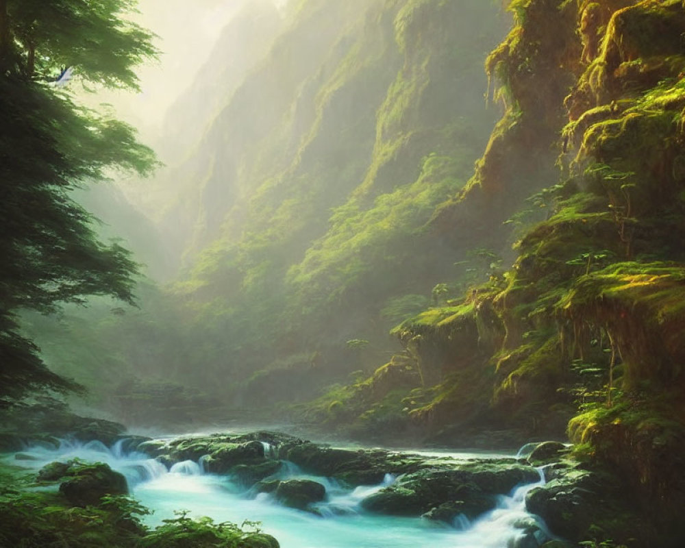 Misty forest with green foliage, turquoise river, and sunbeams