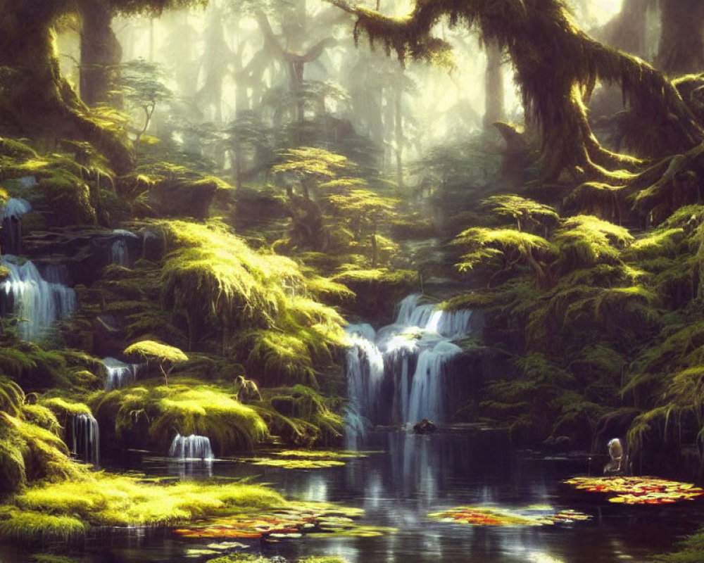 Tranquil forest scene with lush greenery, waterfalls, and water lilies