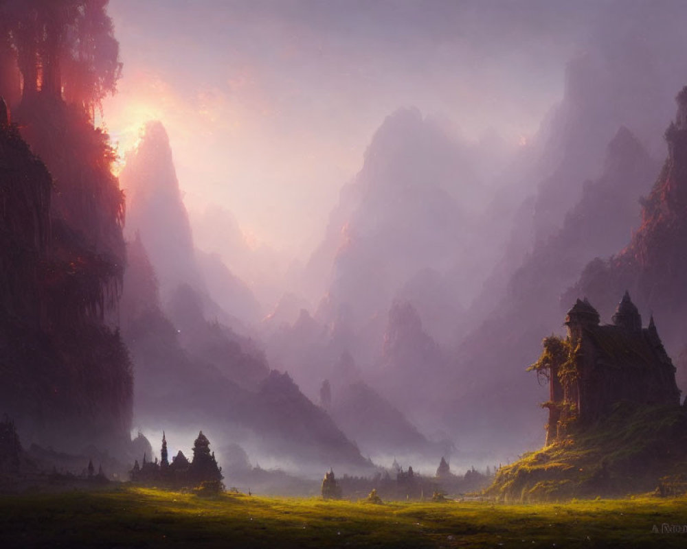 Mystical sunrise landscape with mountains, sun, valleys, and castle ruins