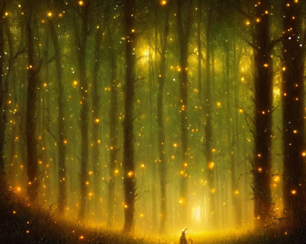 Enchanting night forest with fireflies and figure