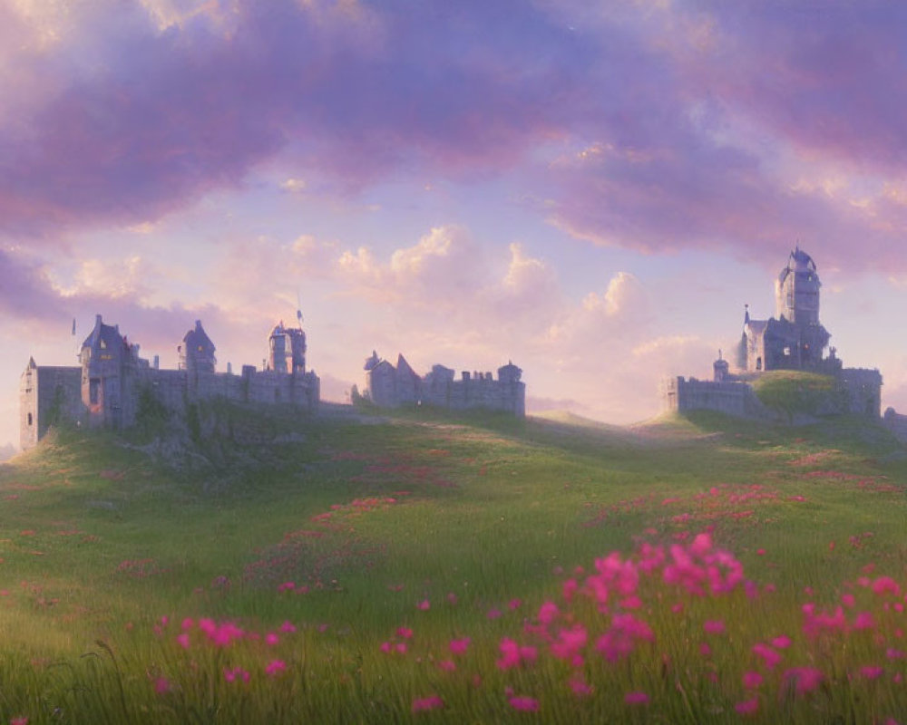 Majestic castle on green hills at sunrise with pink flowers