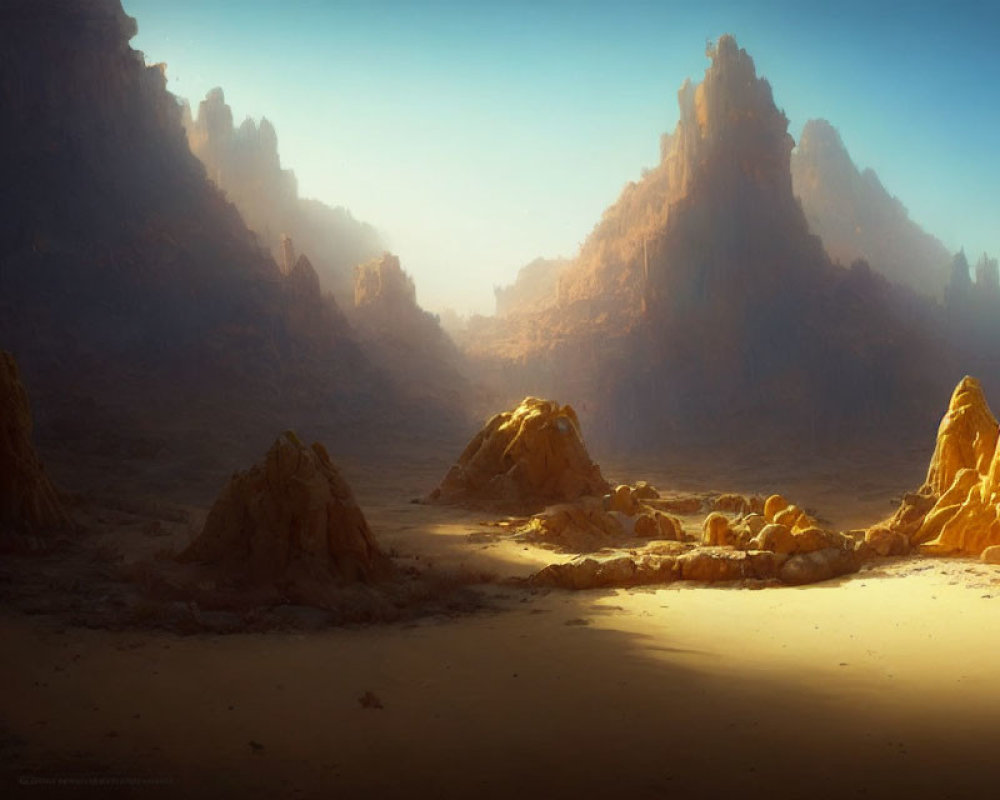 Tranquil desert landscape with towering rock formations