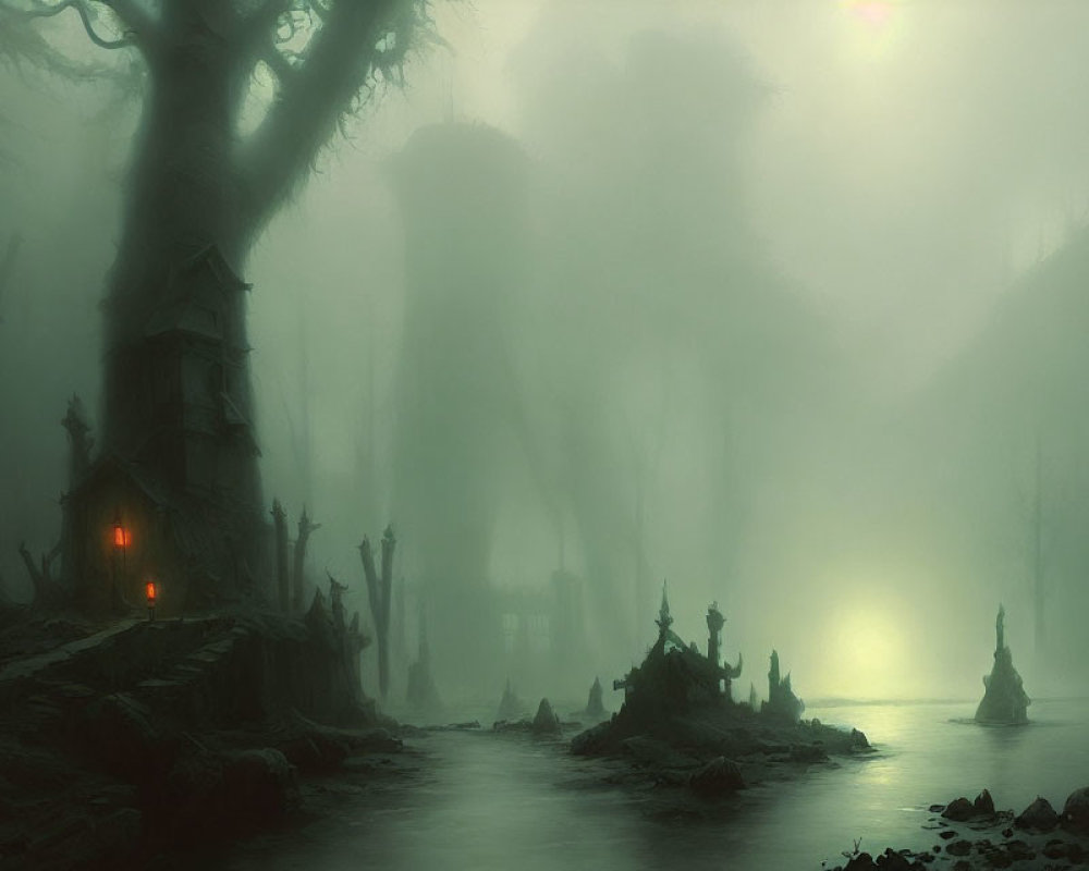 Ethereal swamp scene with silhouetted trees and wooden hut in misty ambiance