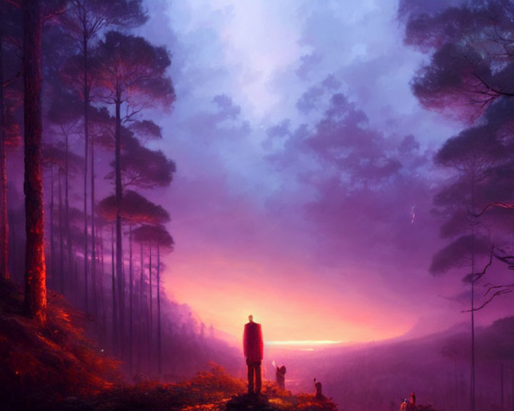 Person in misty forest at sunrise or sunset amidst tall trees