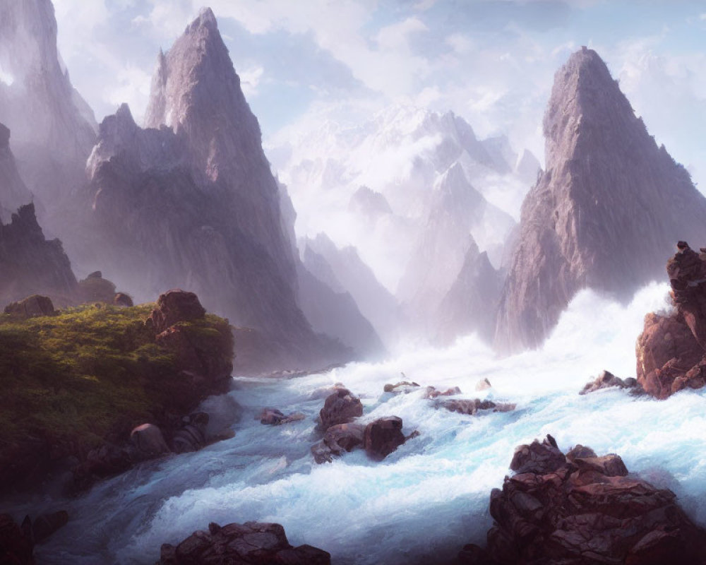 Scenic mountain landscape with turbulent river, rocky terrain, forest, and hazy sky