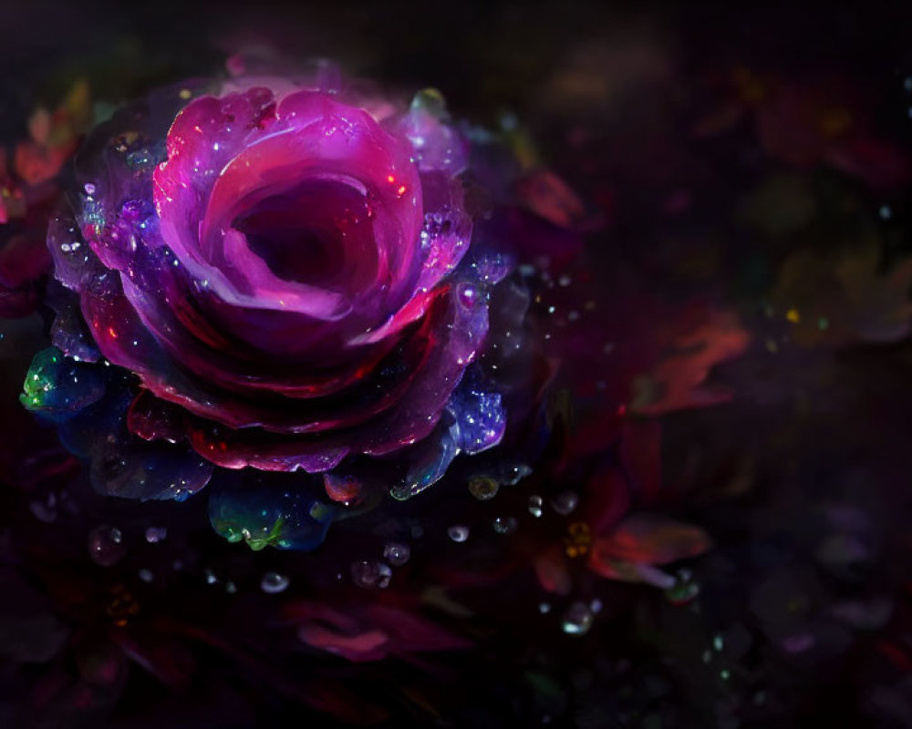 Purple Rose Digital Painting with Dewdrops on Dark Background