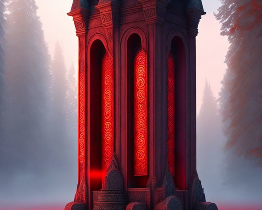 Mystical crimson-lit stone structure in foggy forest