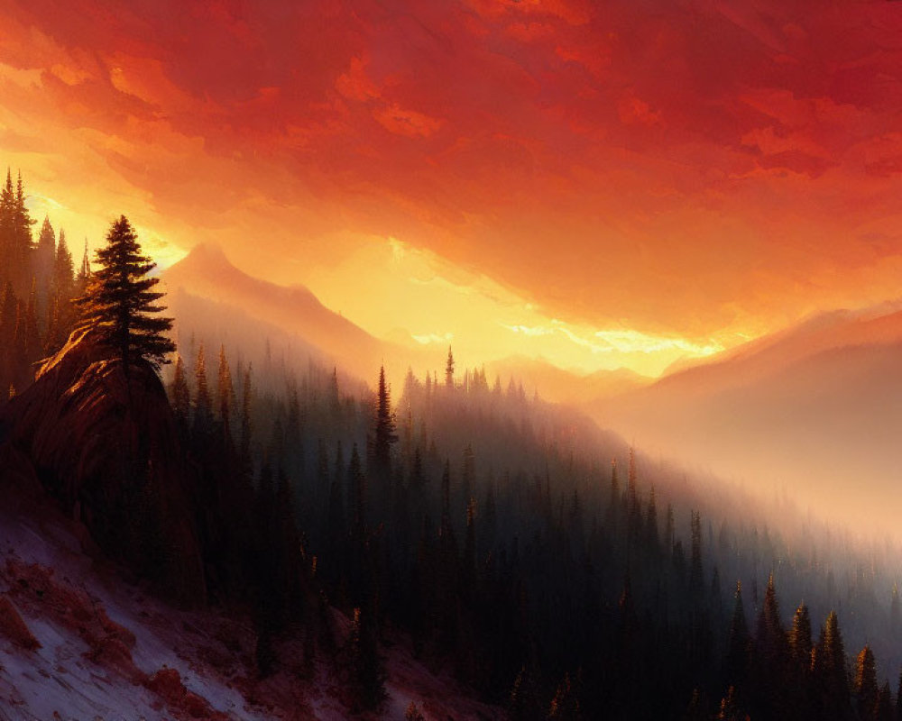 Vibrant orange and red sunset over misty mountain landscape