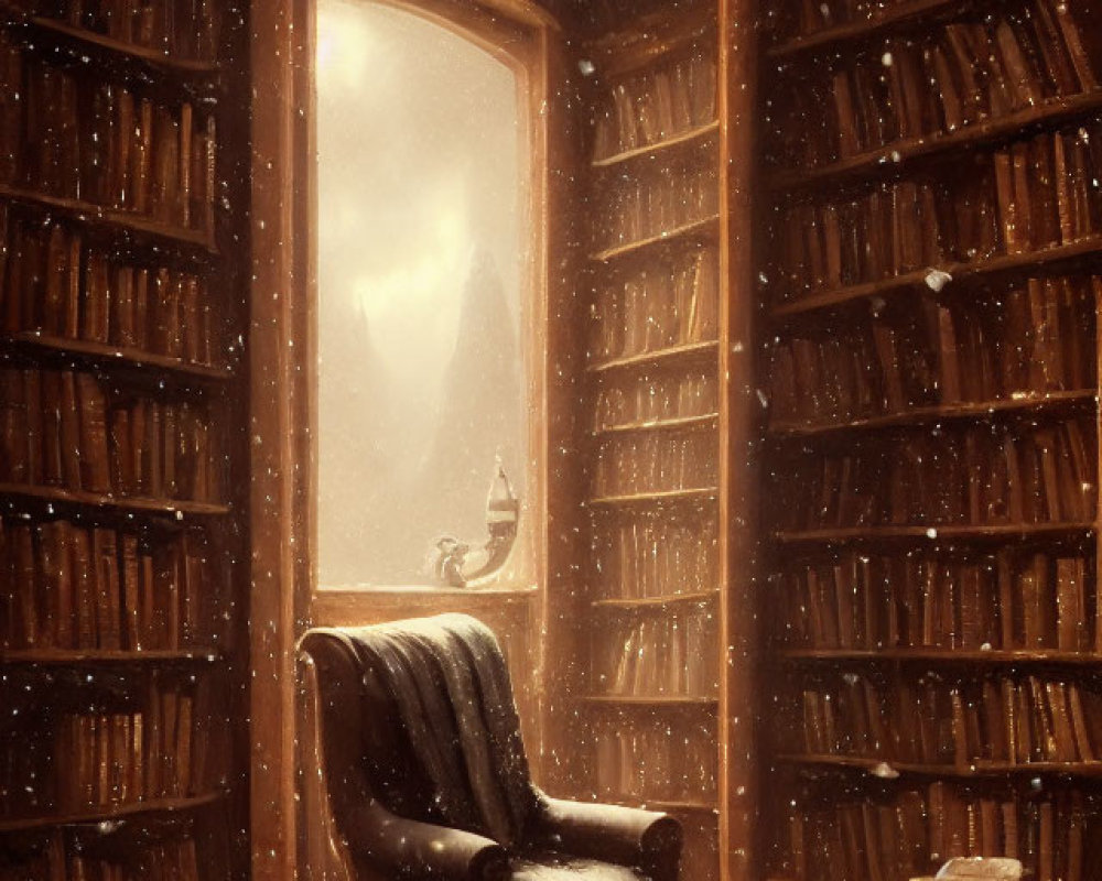 Warmly lit wooden library with leather armchair and snowflakes entering through open door