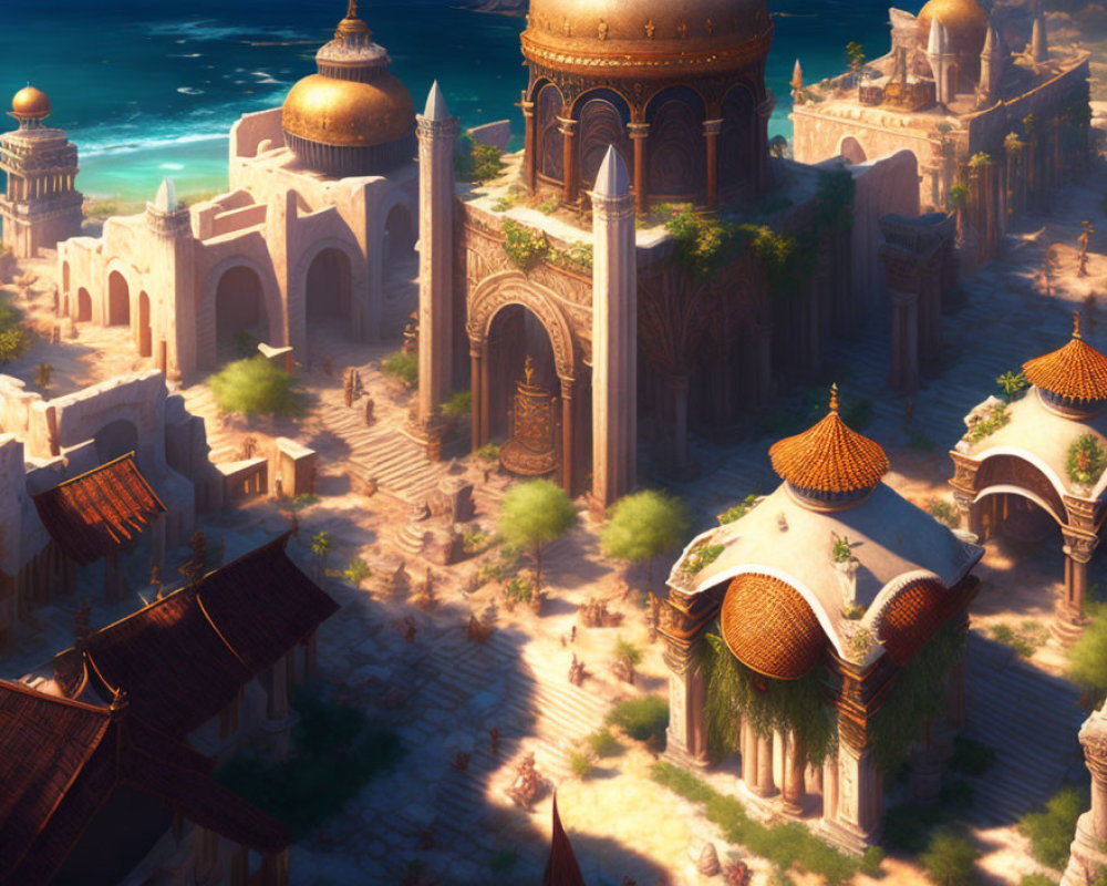 Ancient city with domed buildings and sea view