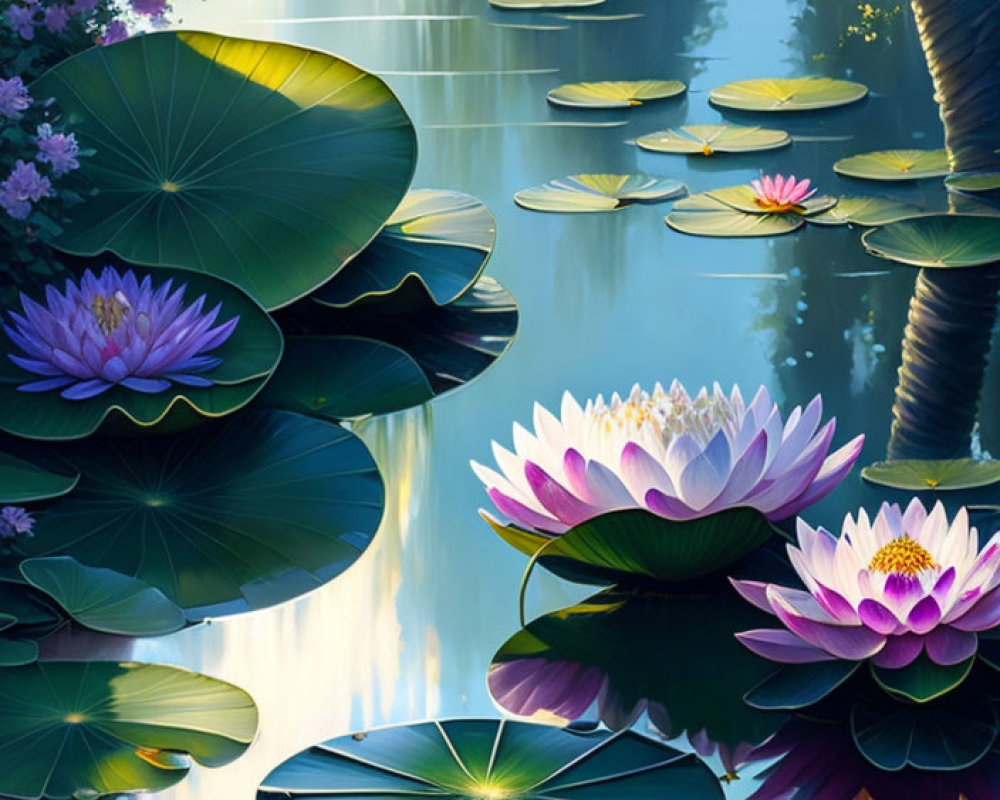 Tranquil pond with lotus flowers, lily pads, and tropical trees