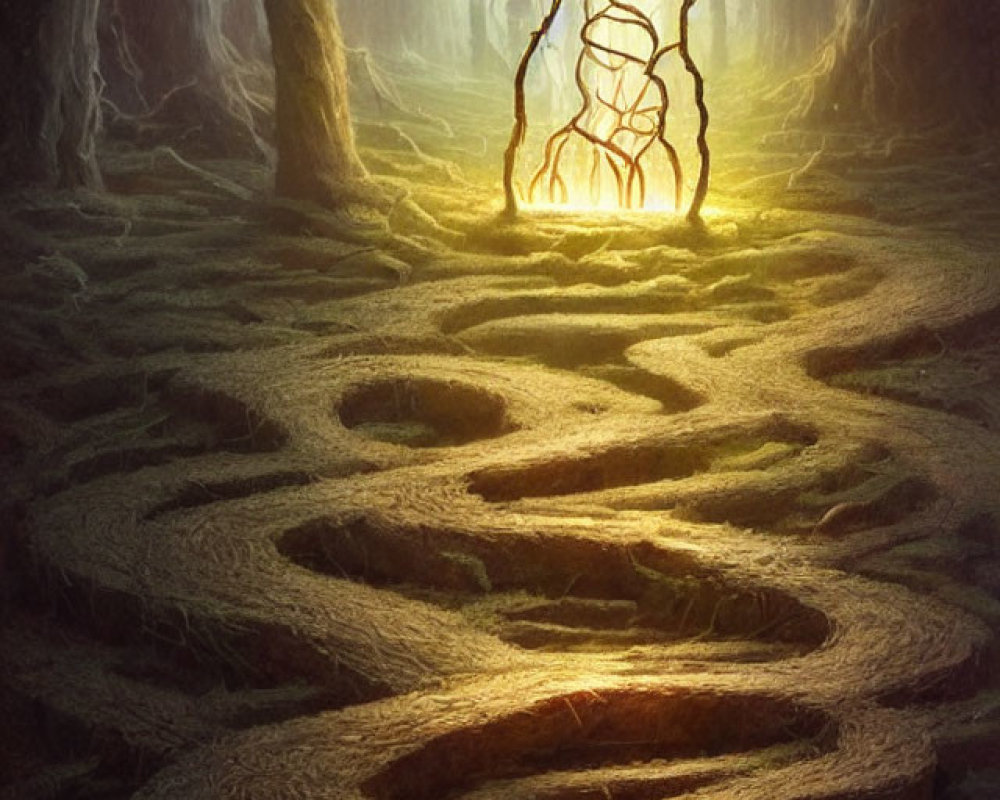 Mysterious Glowing Portal in Dark Forest with Intricate Roots