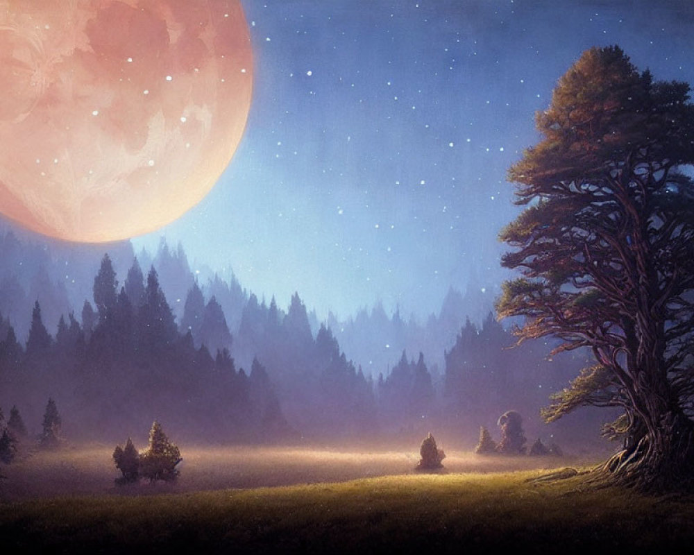 Large Red Moon Over Serene Night Forest Landscape