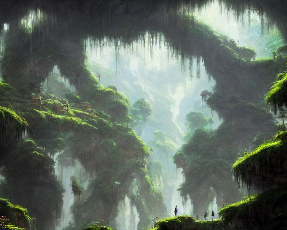 Lush Green Forest with Waterfalls, Cliffs, and Figures