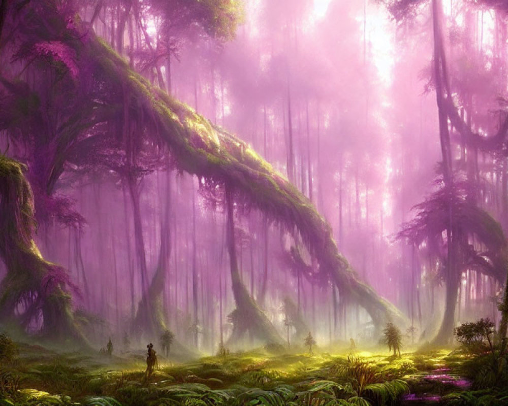 Mystical Enchanted Forest with Towering Trees and Pink Haze