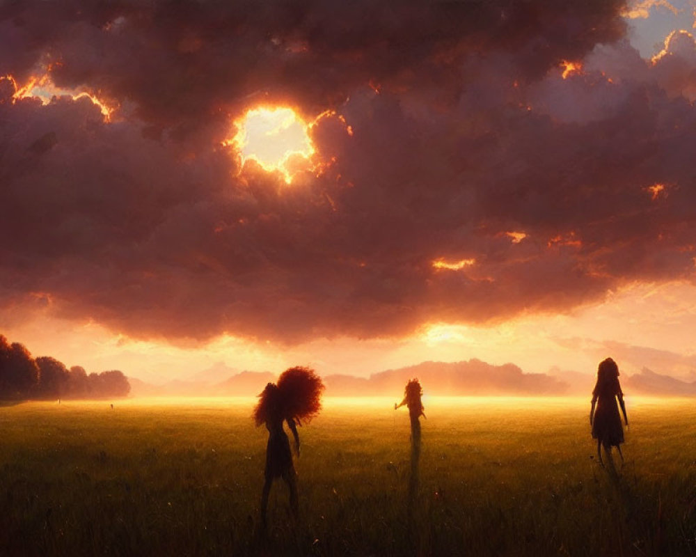 Golden sunset with figures in motion in a field