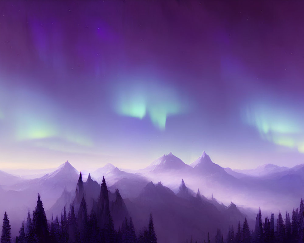 Misty mountain range under vibrant night sky with auroras