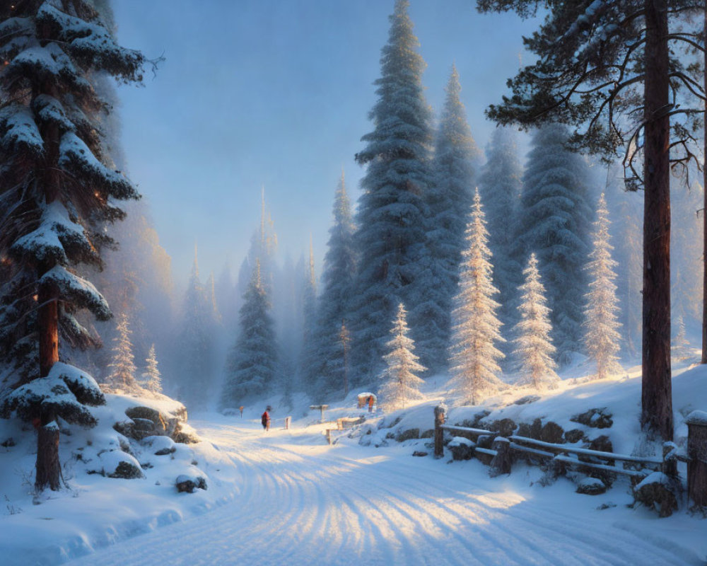 Snowy Landscape with Tall Pine Trees and Two People Walking