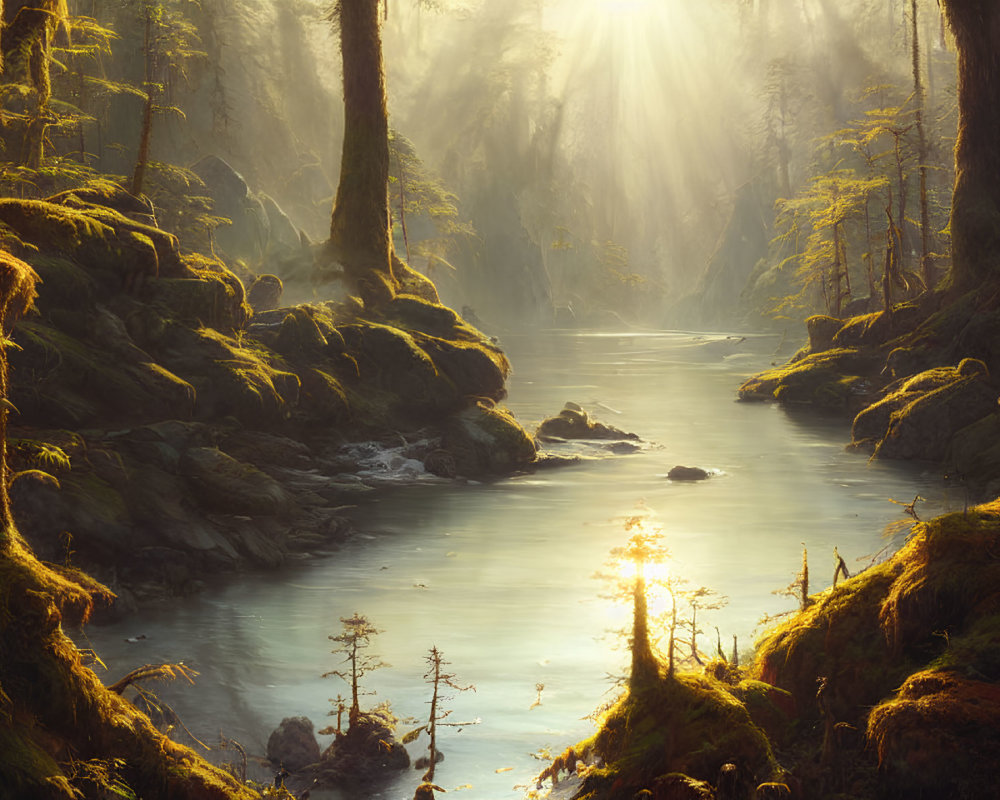 Misty forest scene with sun rays over river