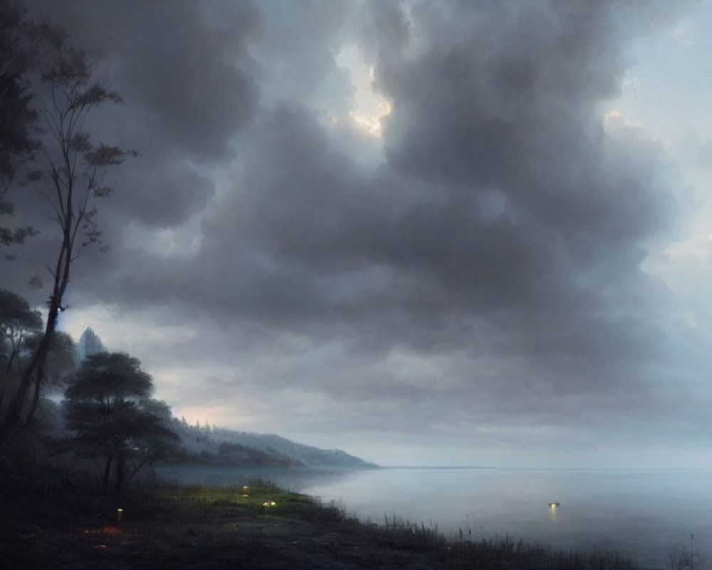 Misty lake landscape with dramatic cloudy sky at dusk