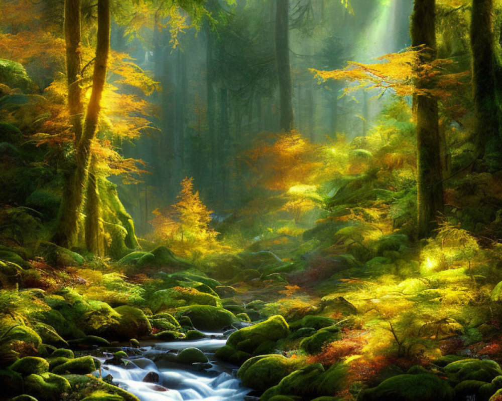 Lush forest with moss-covered rocks and autumn stream