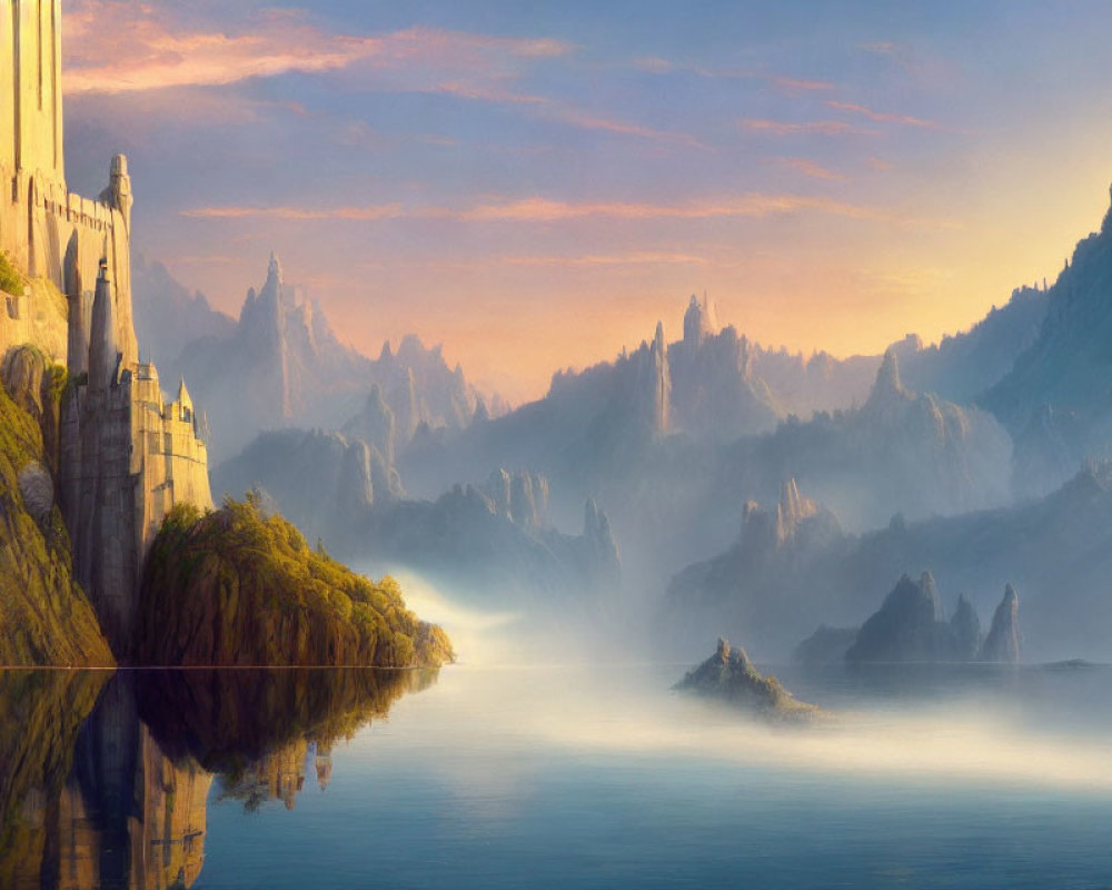 Castle on Cliff Overlooking Tranquil Lake and Misty Mountains at Dawn